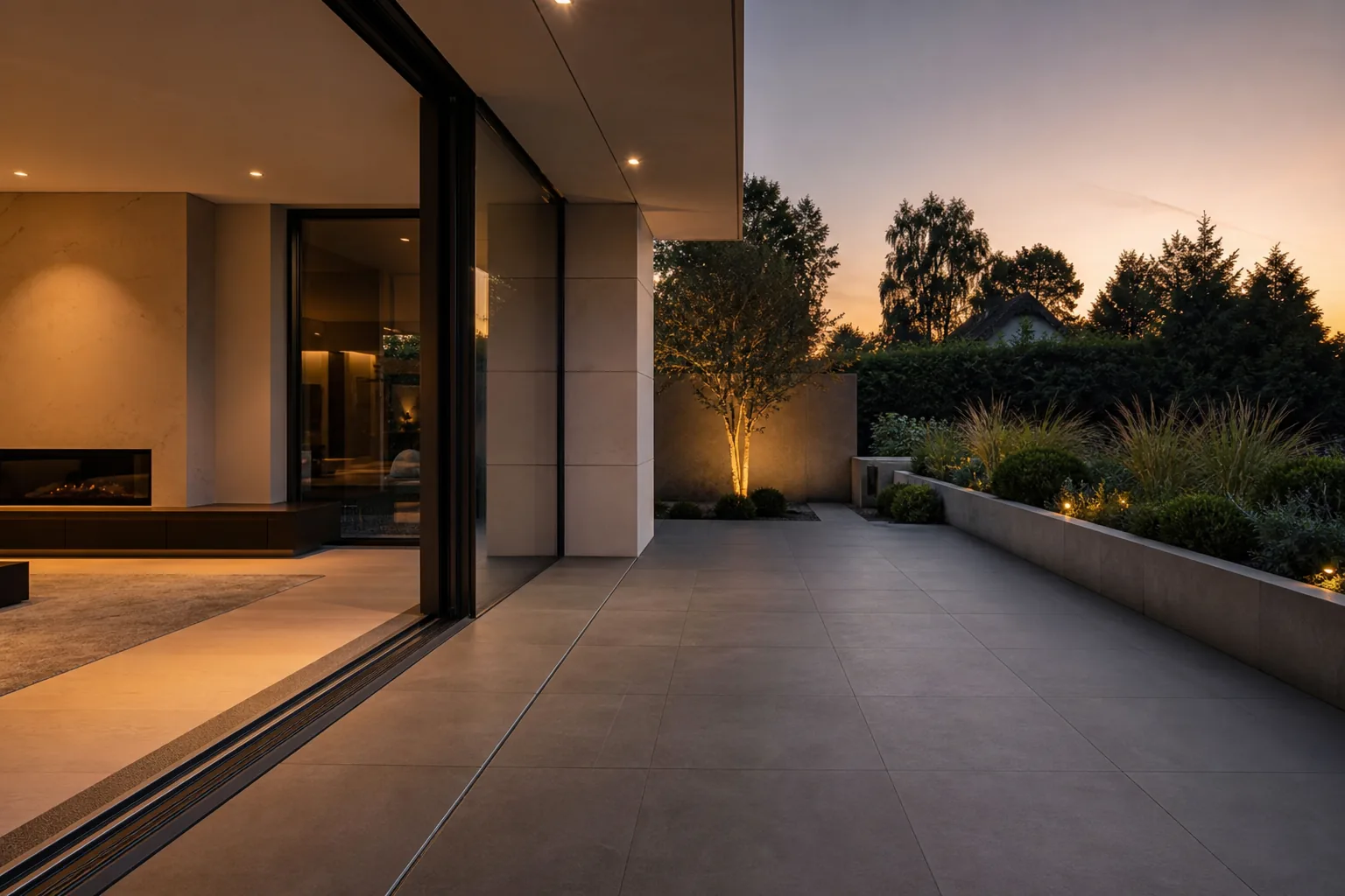 Terrasse mit großformatigen Platten und bündigem Übergang zum Wohnraum